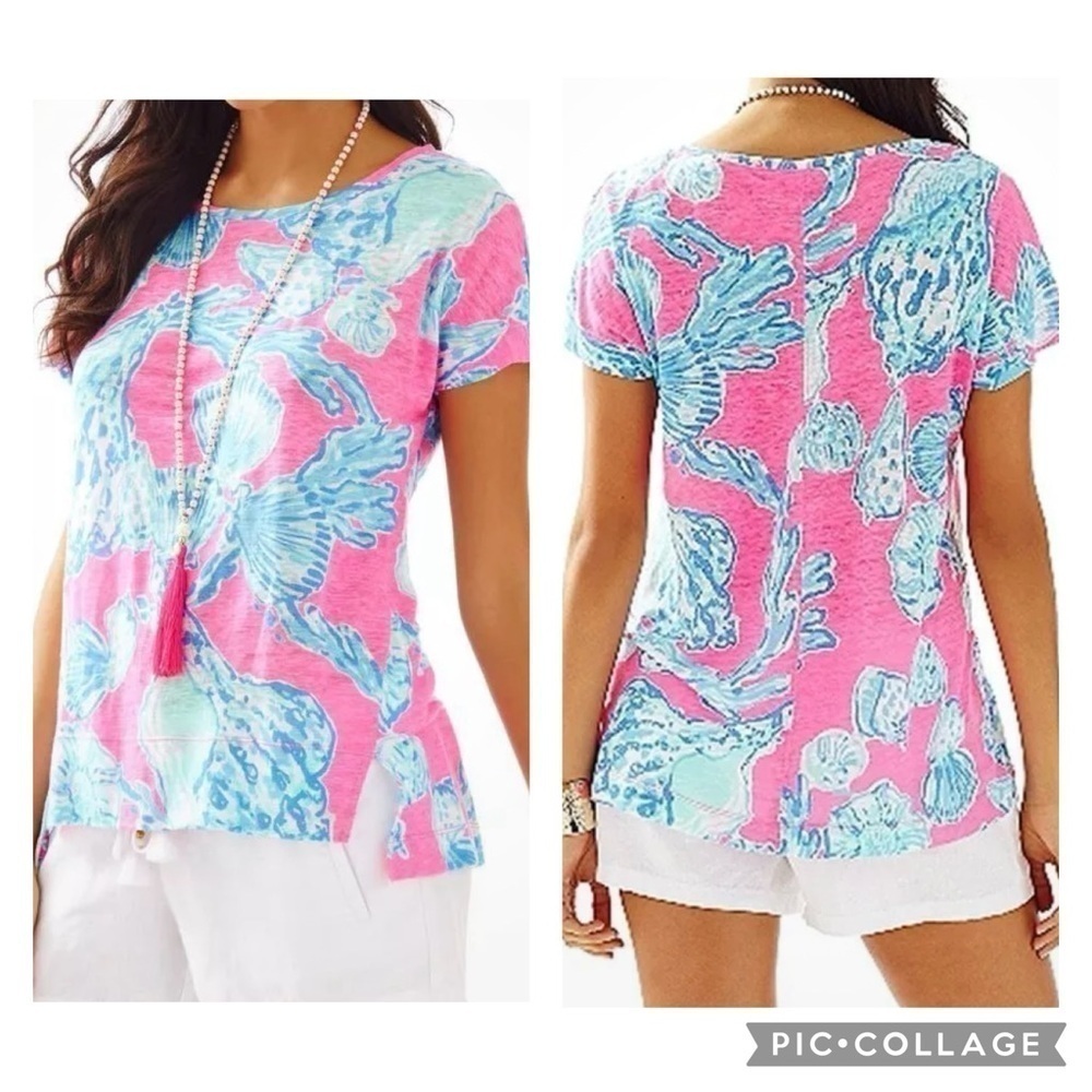 LILLY PULITZER Women’s MIKELA Top PINK POUT BAREFOOT PRINCESS Linen Jersey Sz S